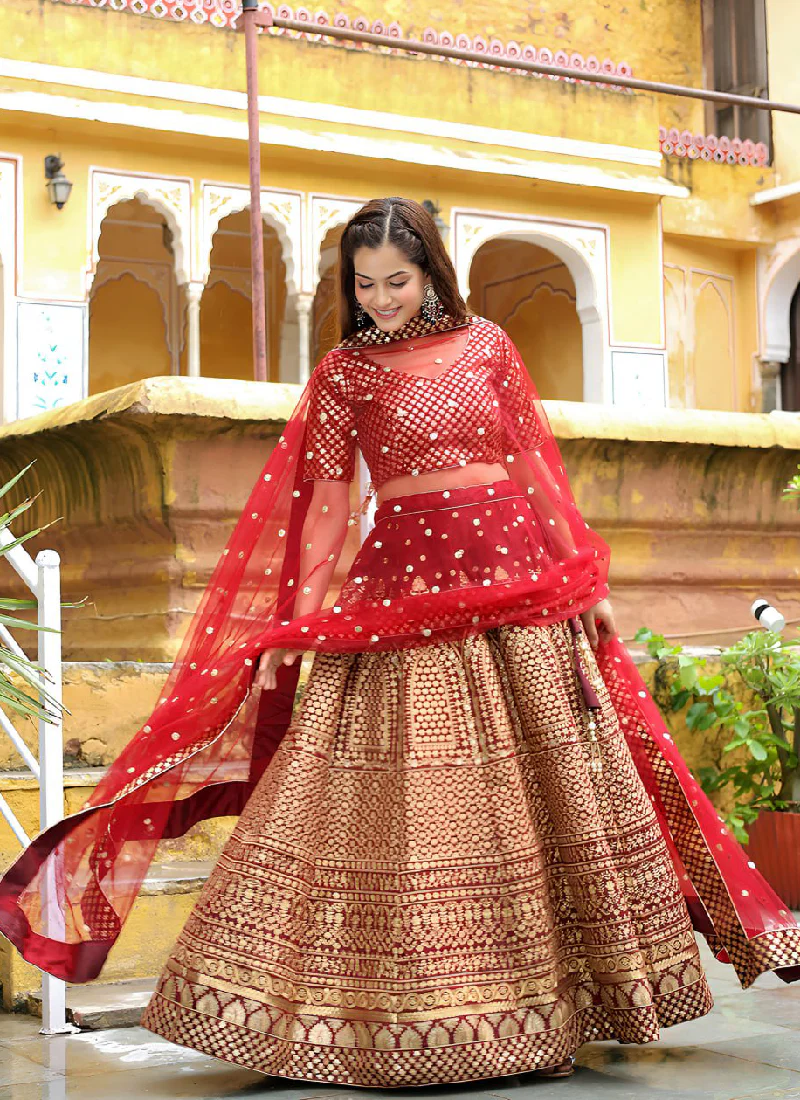Charming Raw Silk Heavy Embroidered Wedding Wear Maroon Lehenga Choli - Image 6