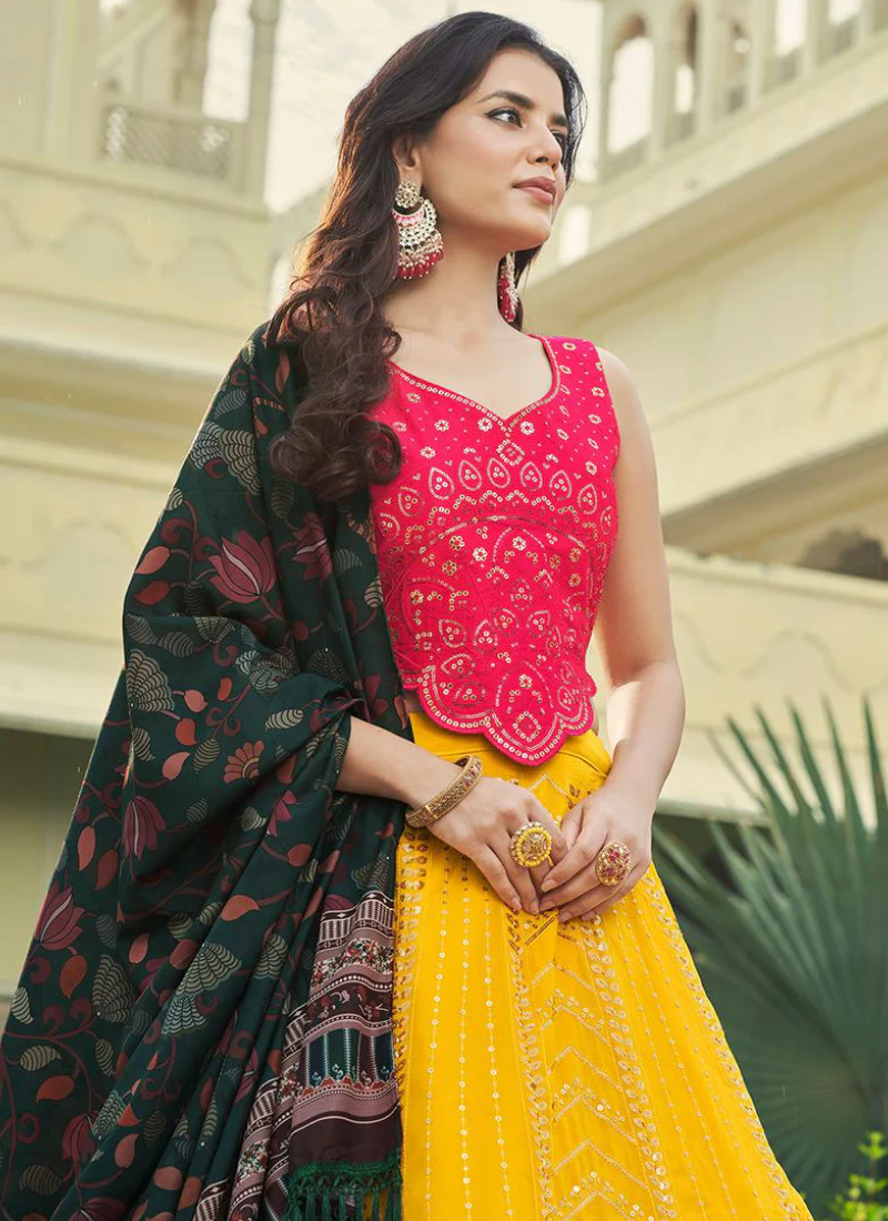 Charming Yellow Sequence Work Georgette Lehenga Choli Set - Image 3