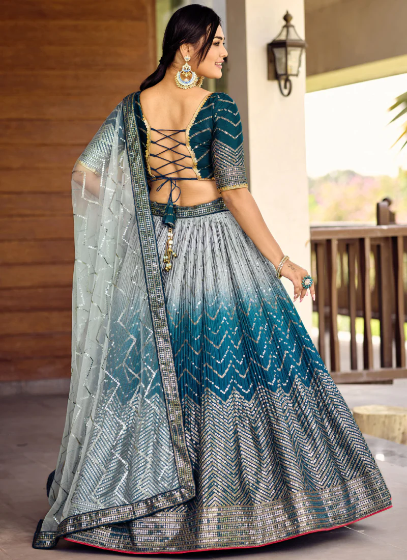 Chinon Silk Zari Embroidered Work Designer Teal Blue Lehenga Choli - Image 4