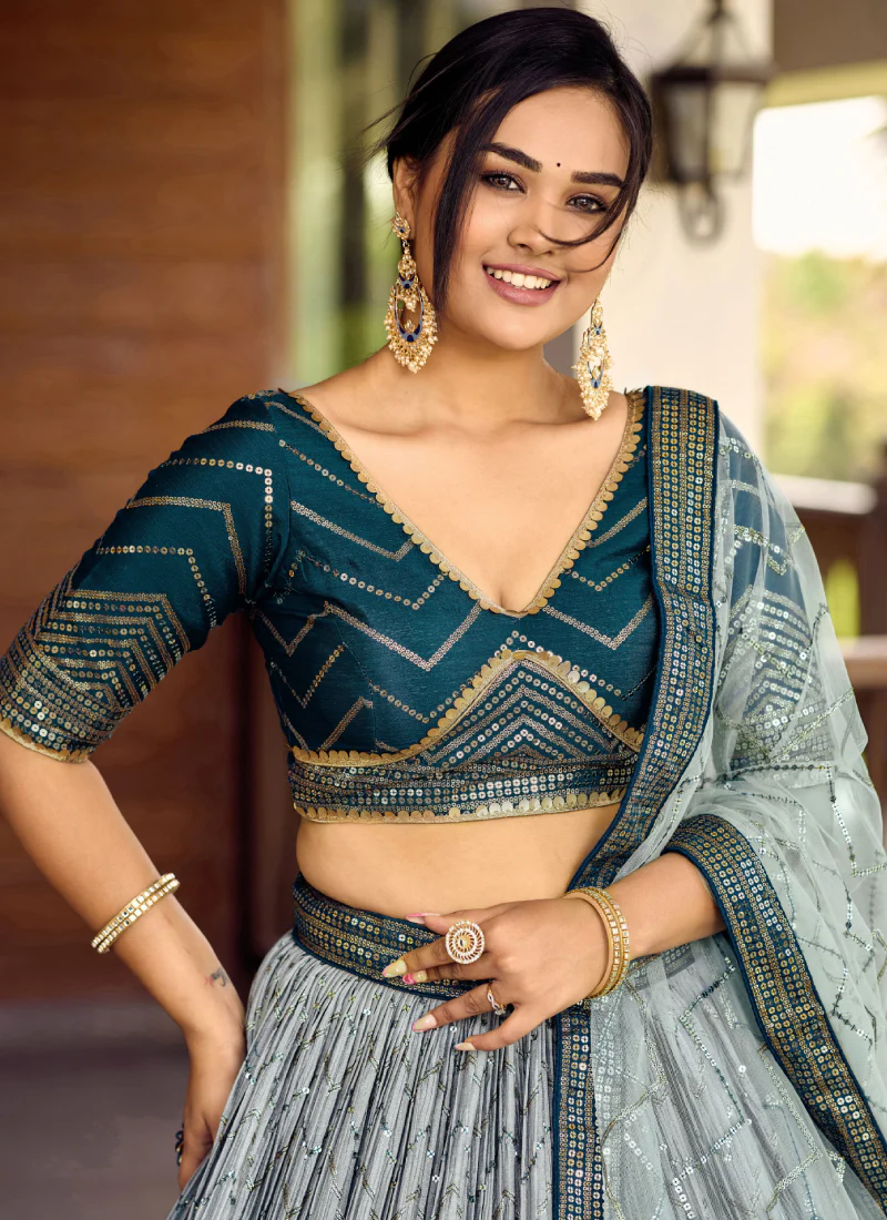 Chinon Silk Zari Embroidered Work Designer Teal Blue Lehenga Choli - Image 6
