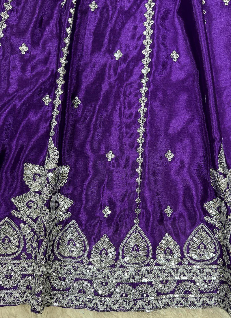 Chinon Silk Zari Sequence Work Purple Lehenga With Short Kurta Set - Image 5