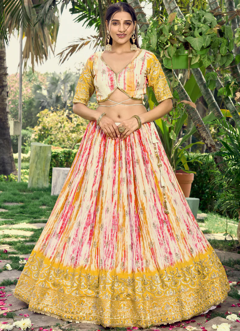 Chinon Zari Work Shibori Printed White And Yellow Haldi Lehenga Choli - Image 3
