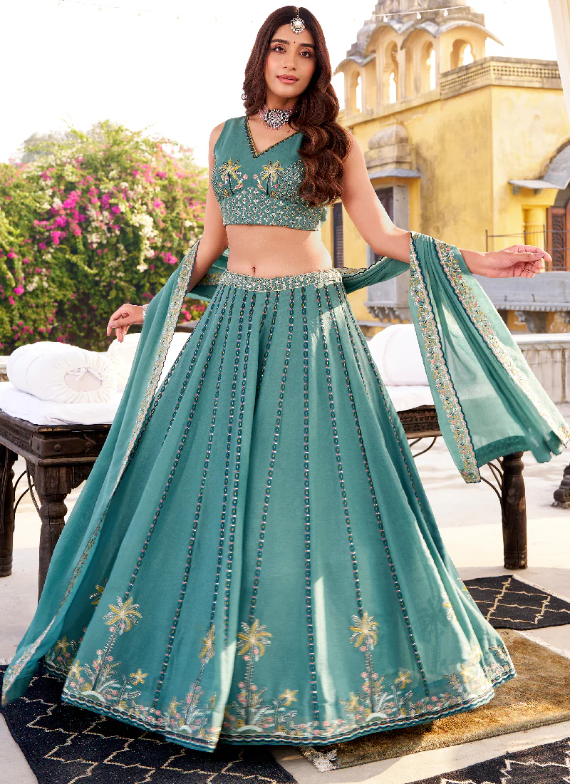Chocolate Crush Thread Embroidered Sky Blue Lehenga Choli With Dupatta - Image 4