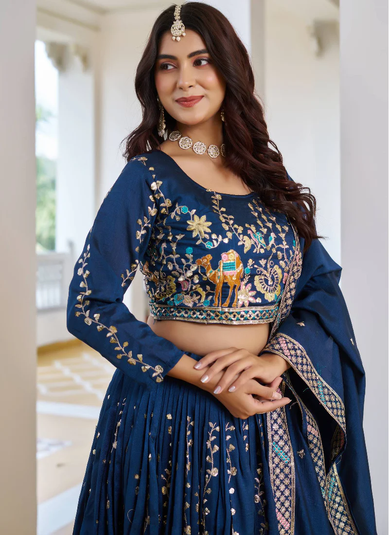 Classic Blue Vichitra Silk Thread Embroidery Work Wedding Wear Lehenga - Image 4