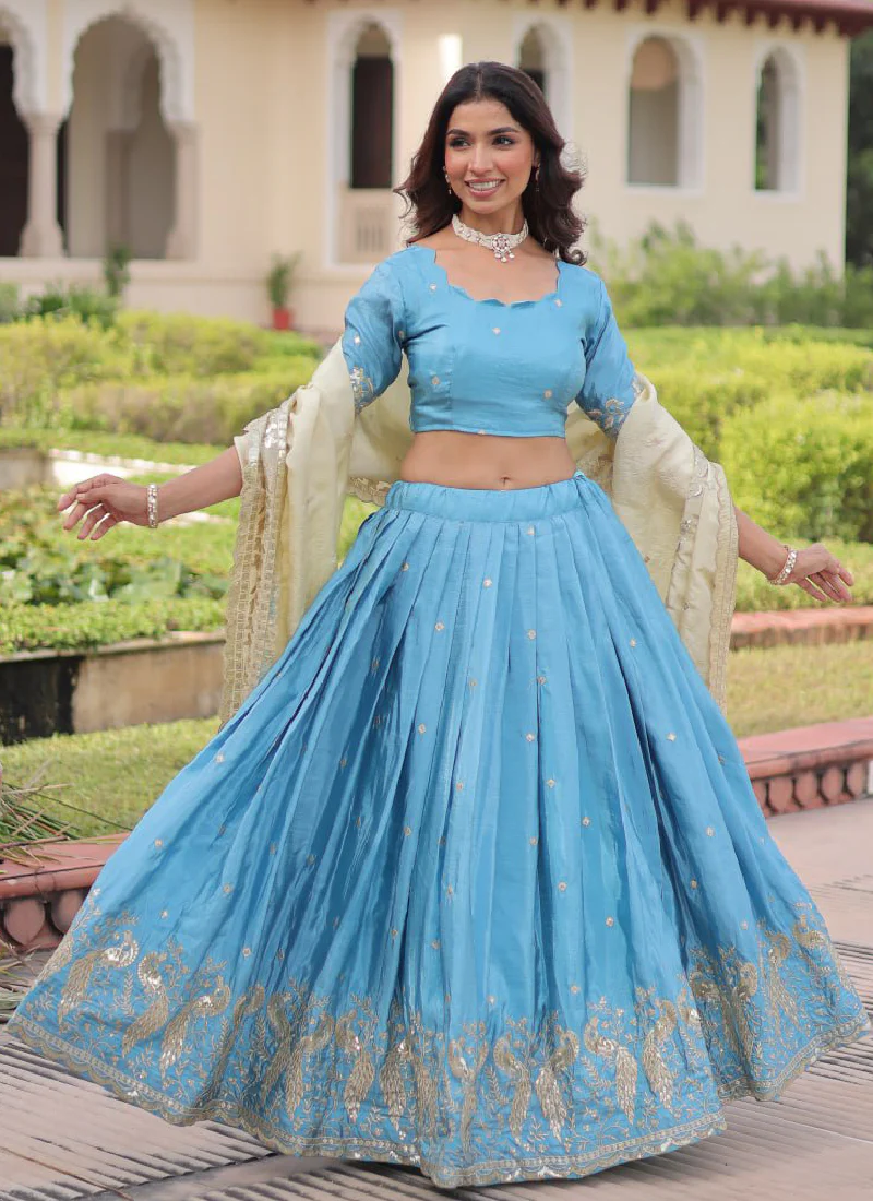 Classic Sky Blue Gold Crush Sequence Embroidered Wedding Lehenga Choli - Image 4