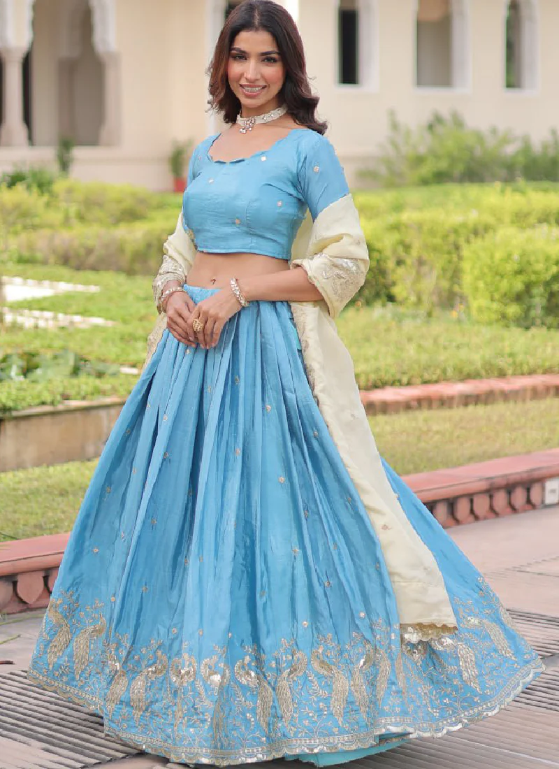 Classic Sky Blue Gold Crush Sequence Embroidered Wedding Lehenga Choli - Image 8