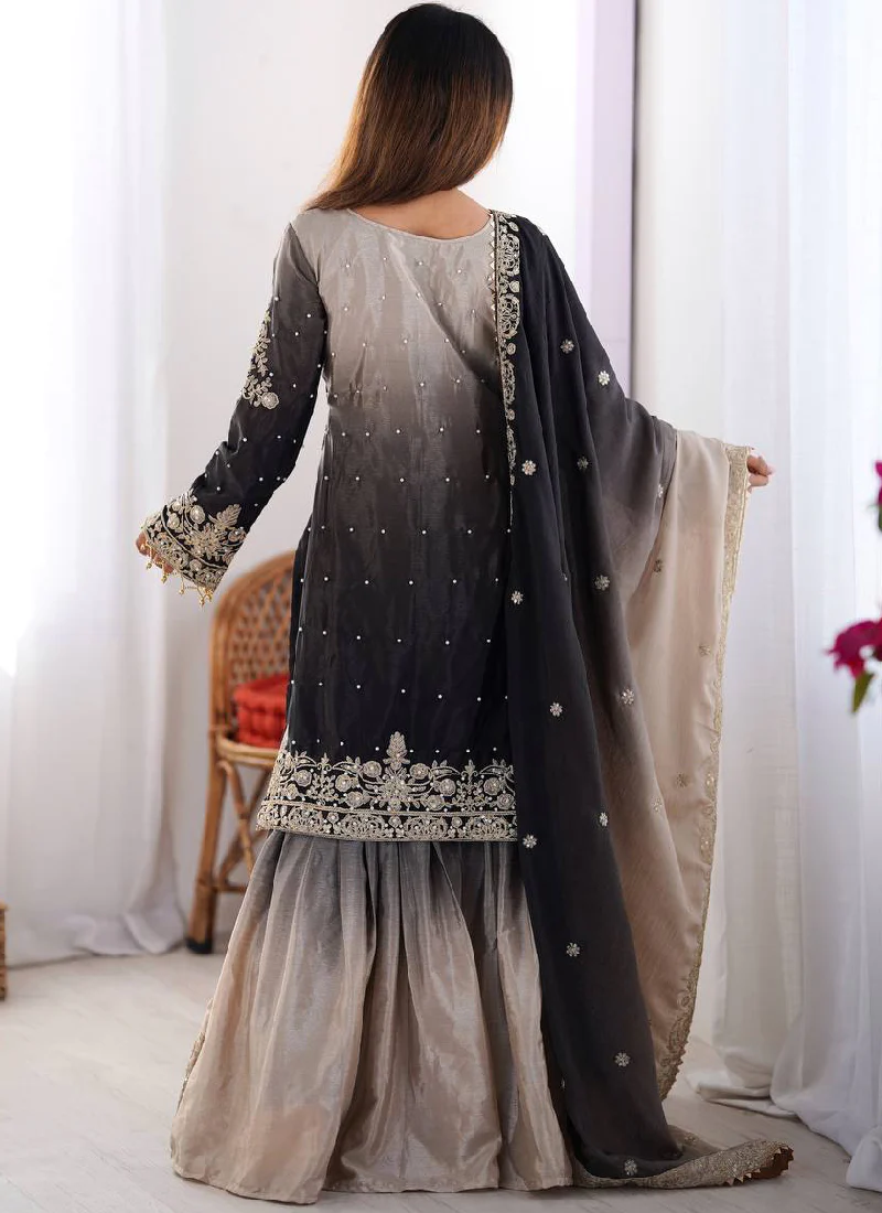 Coding Embroidered Grey Wedding Wear Chinon Silk Top Bottom Suit Set - Image 4