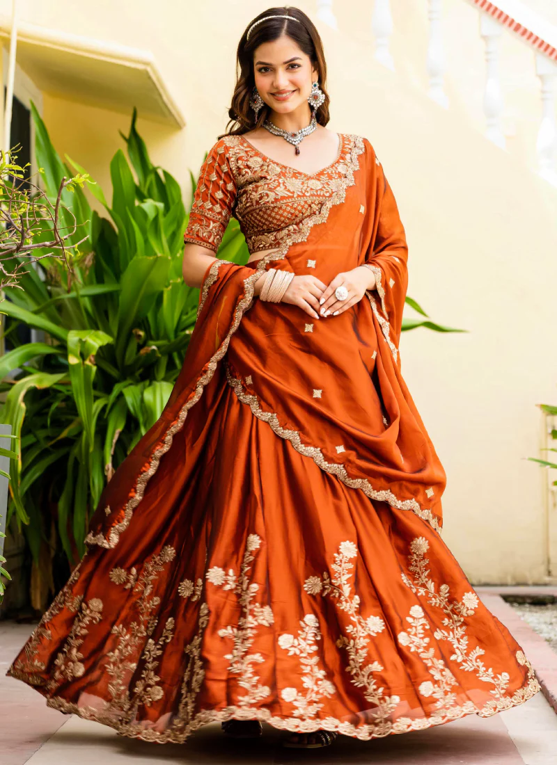 Dainty Zari Embroidered Work Orange Silk Lehenga Choli Set For Women - Image 10
