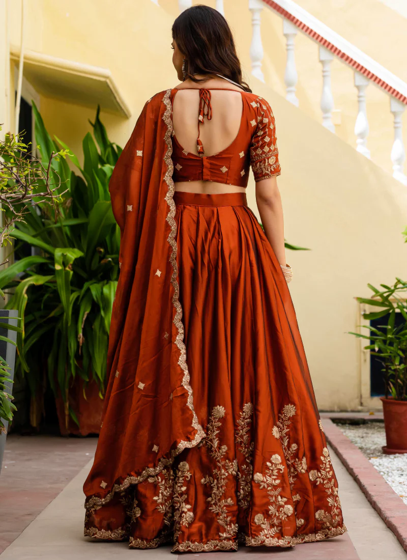 Dainty Zari Embroidered Work Orange Silk Lehenga Choli Set For Women - Image 14