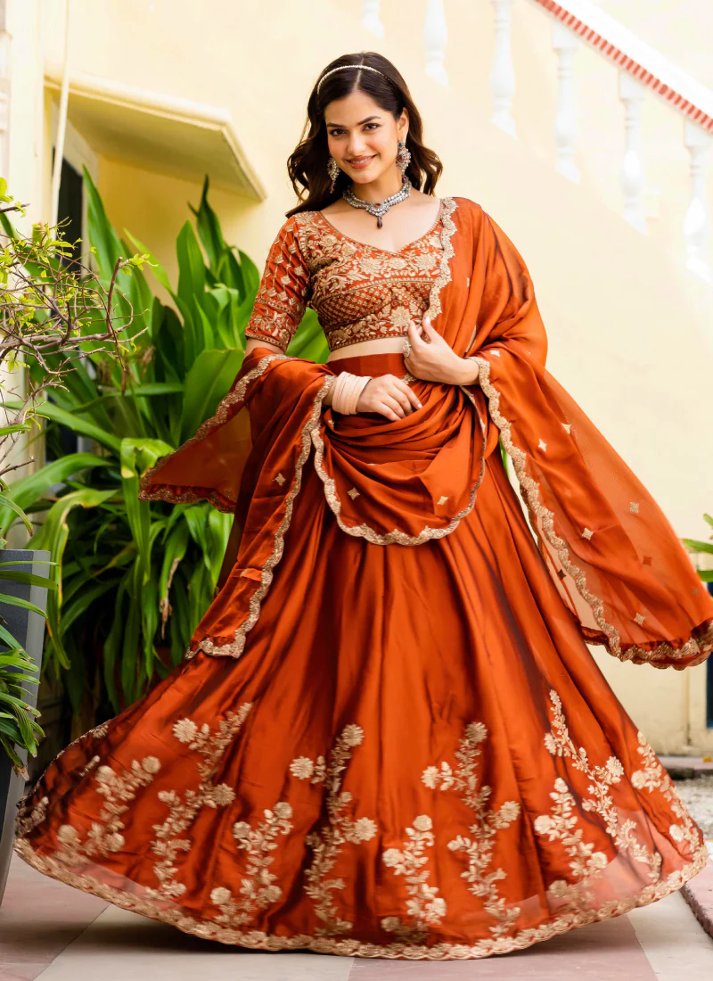 Dainty Zari Embroidered Work Orange Silk Lehenga Choli Set For Women - Image 8