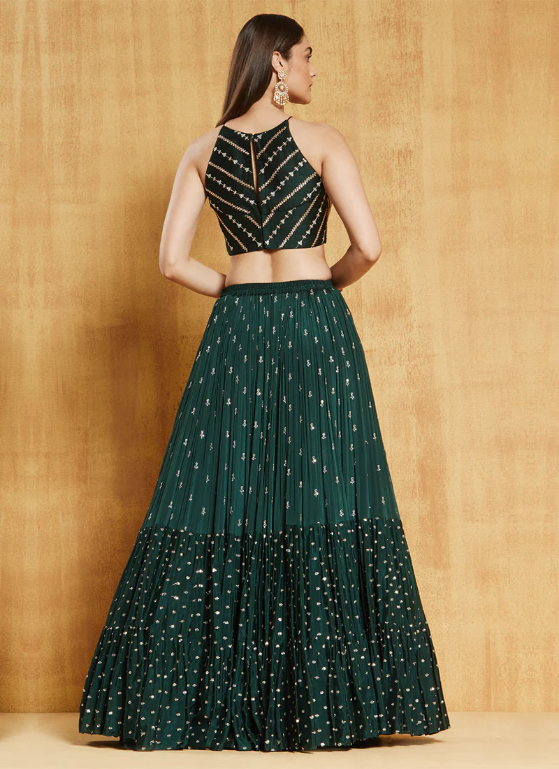 Dark Green Georgette Sequence Ruffle Style Lehenga Choli - Image 3