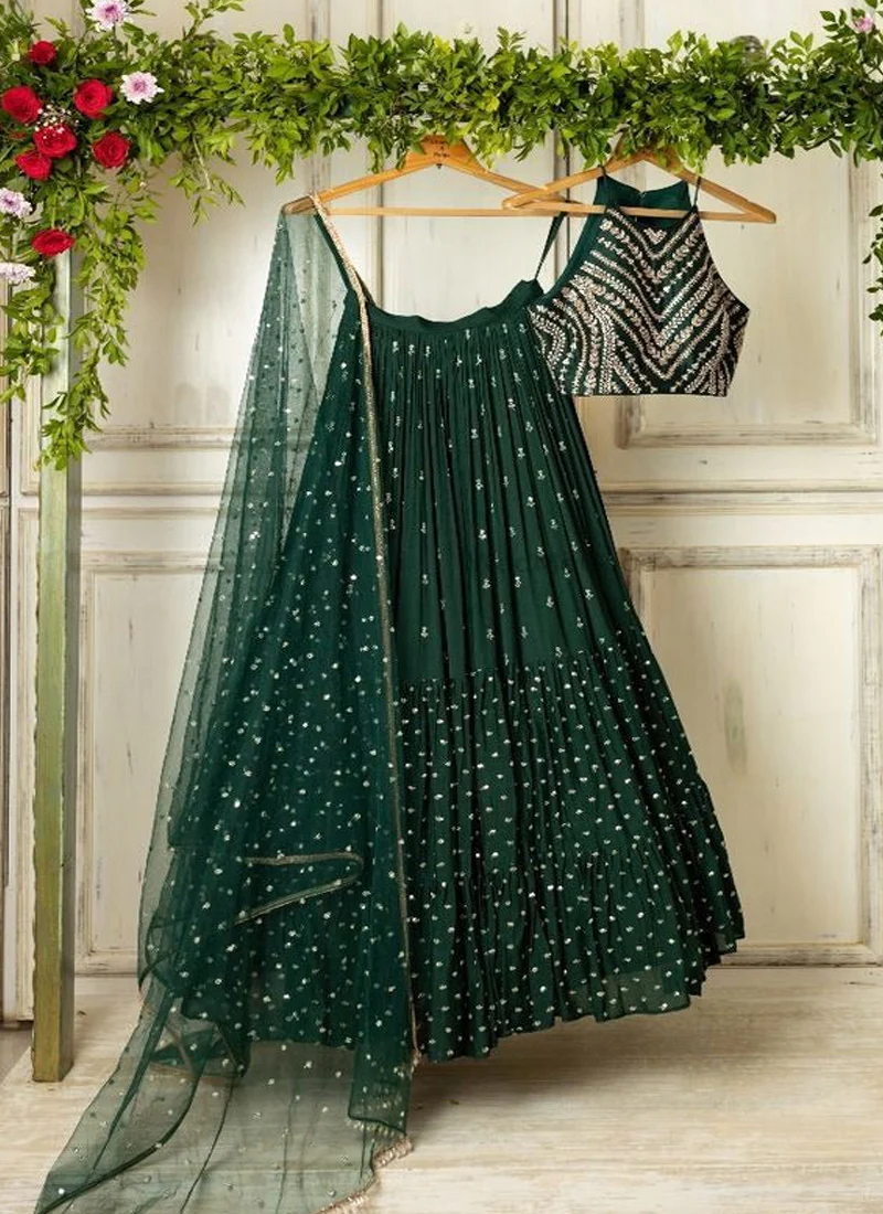 Dark Green Georgette Sequence Ruffle Style Lehenga Choli - Image 4