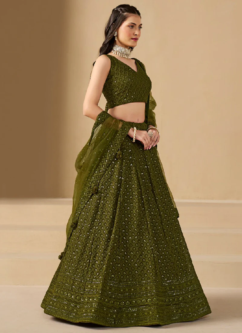 Dazzling Embroidered Work Mehendi Green Lehenga Choli For Wedding - Image 4