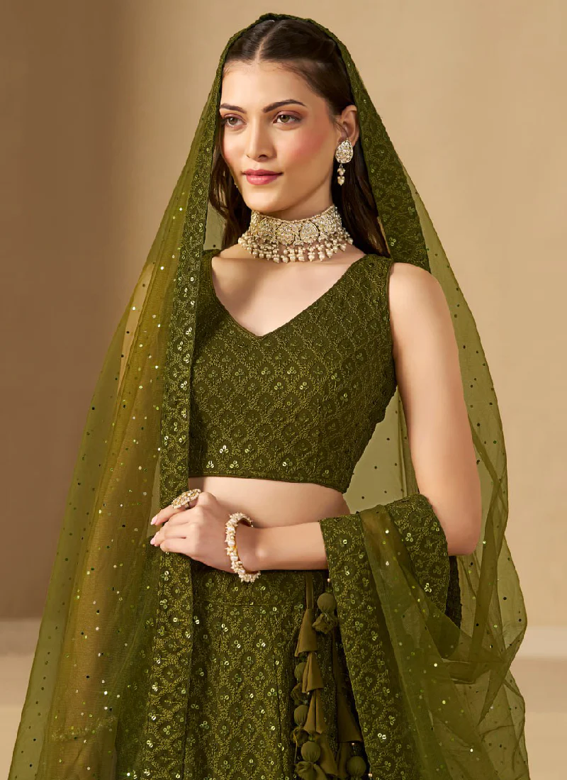 Dazzling Embroidered Work Mehendi Green Lehenga Choli For Wedding - Image 6