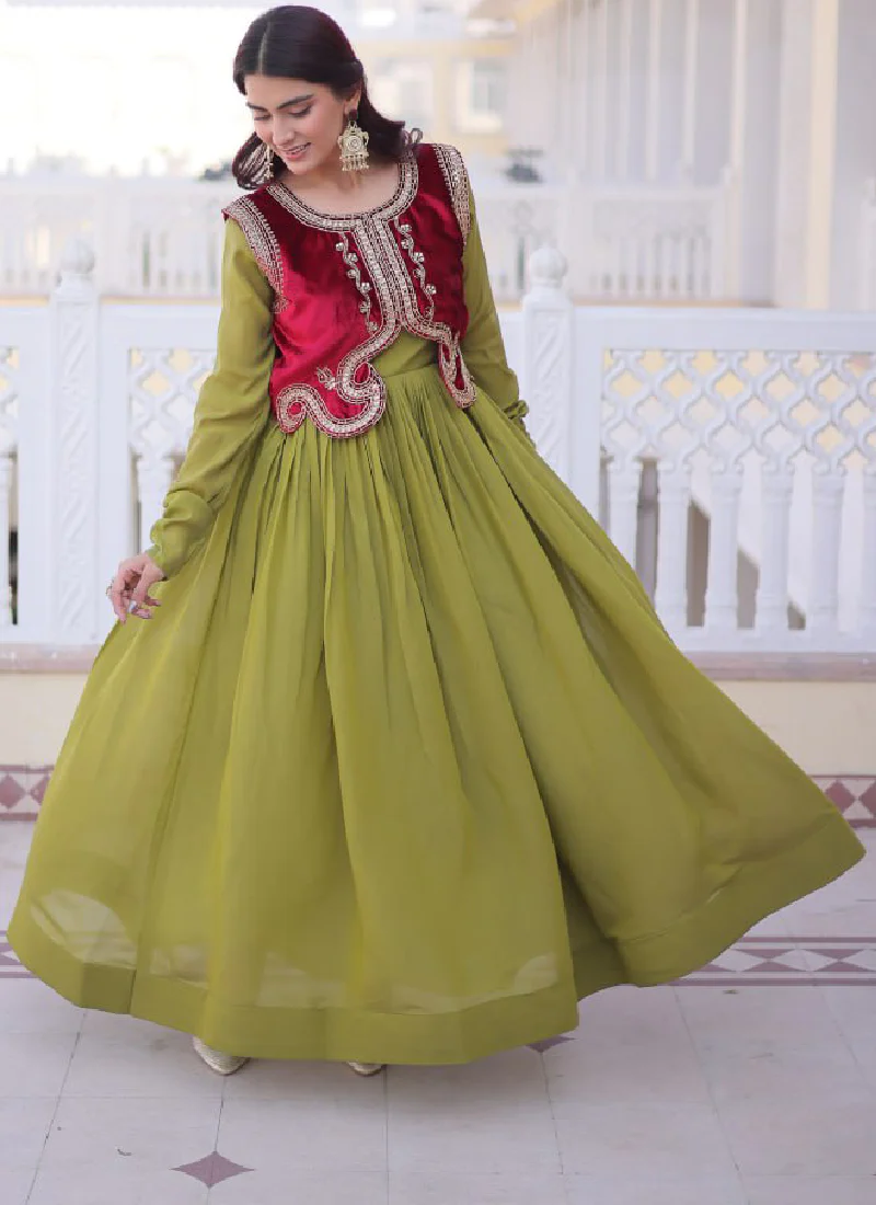 Designer Chanderi Silk Parrot Green Plain Gown With Embroidered Jacket - Image 10