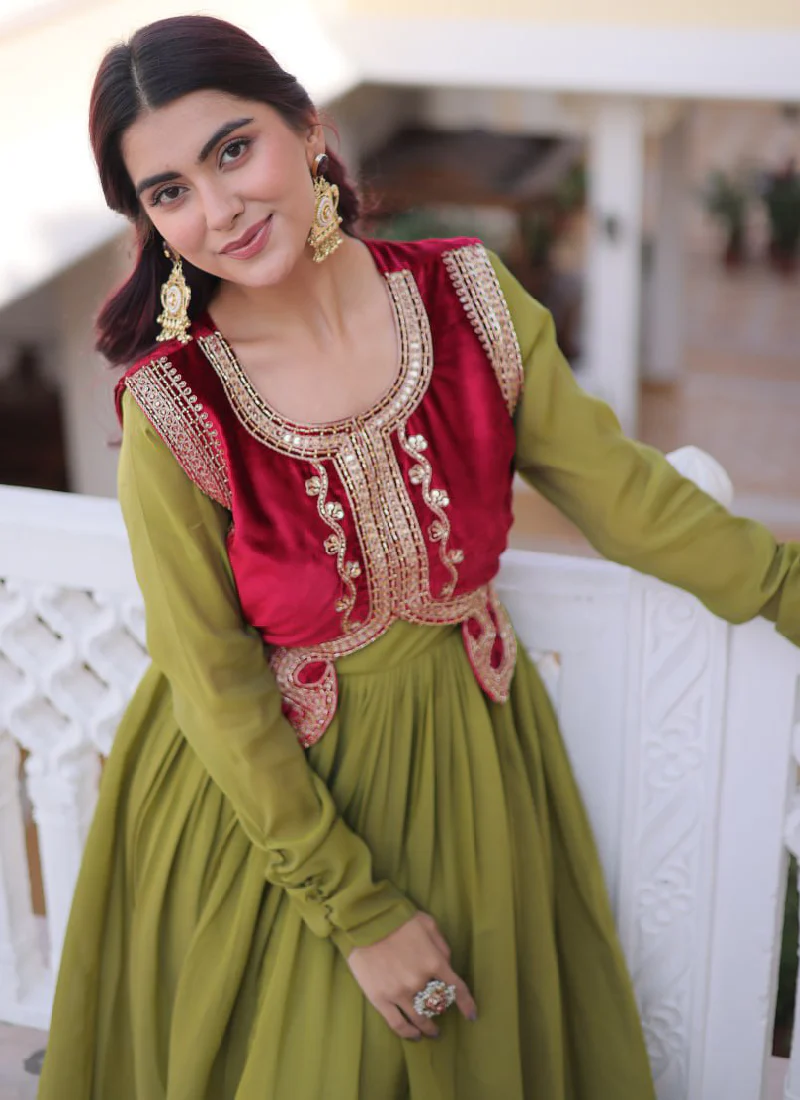 Designer Chanderi Silk Parrot Green Plain Gown With Embroidered Jacket - Image 2