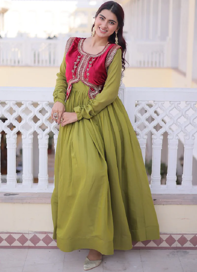 Designer Chanderi Silk Parrot Green Plain Gown With Embroidered Jacket - Image 4