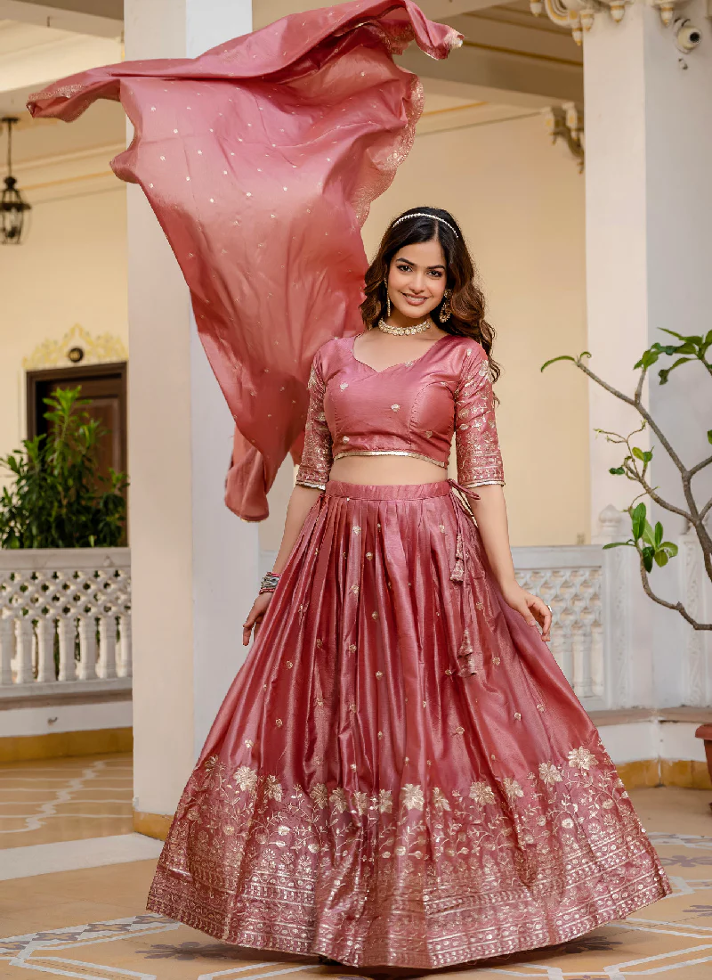 Designer Gold Crush Sequence Work Pink Lehenga Choli Set For Women - Image 4
