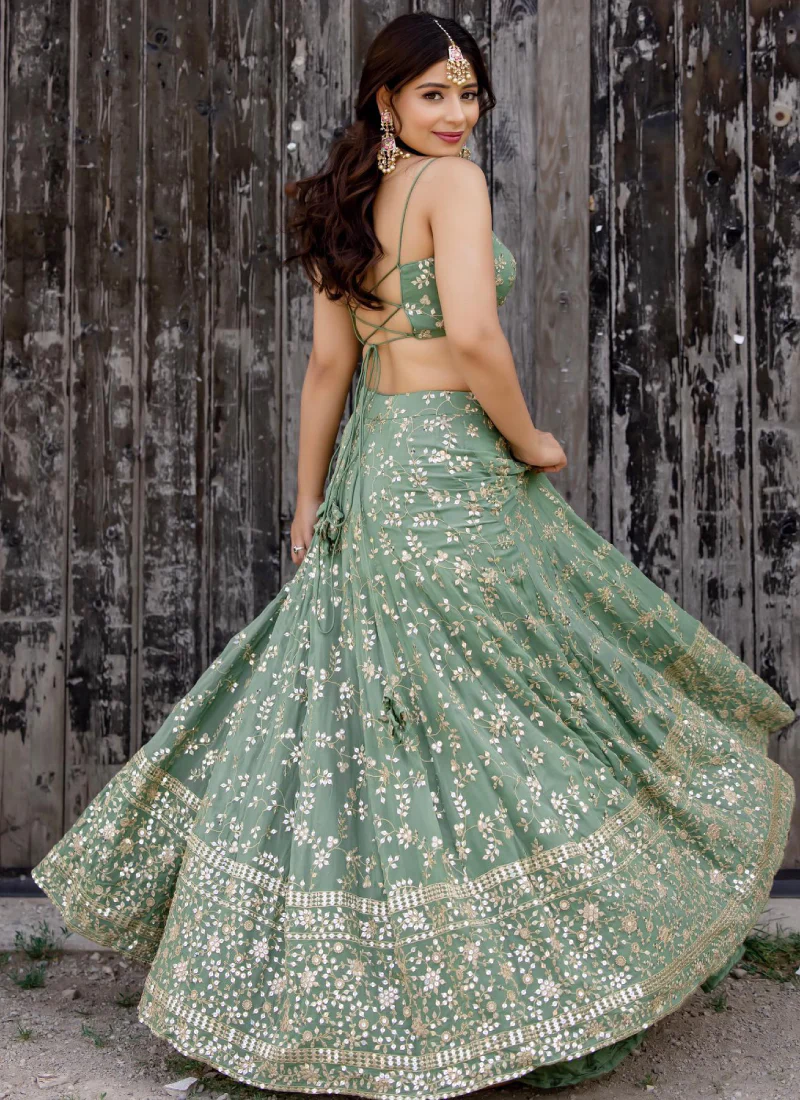 Designer Green Zari Work Georgette Lehenga For Women - Image 3