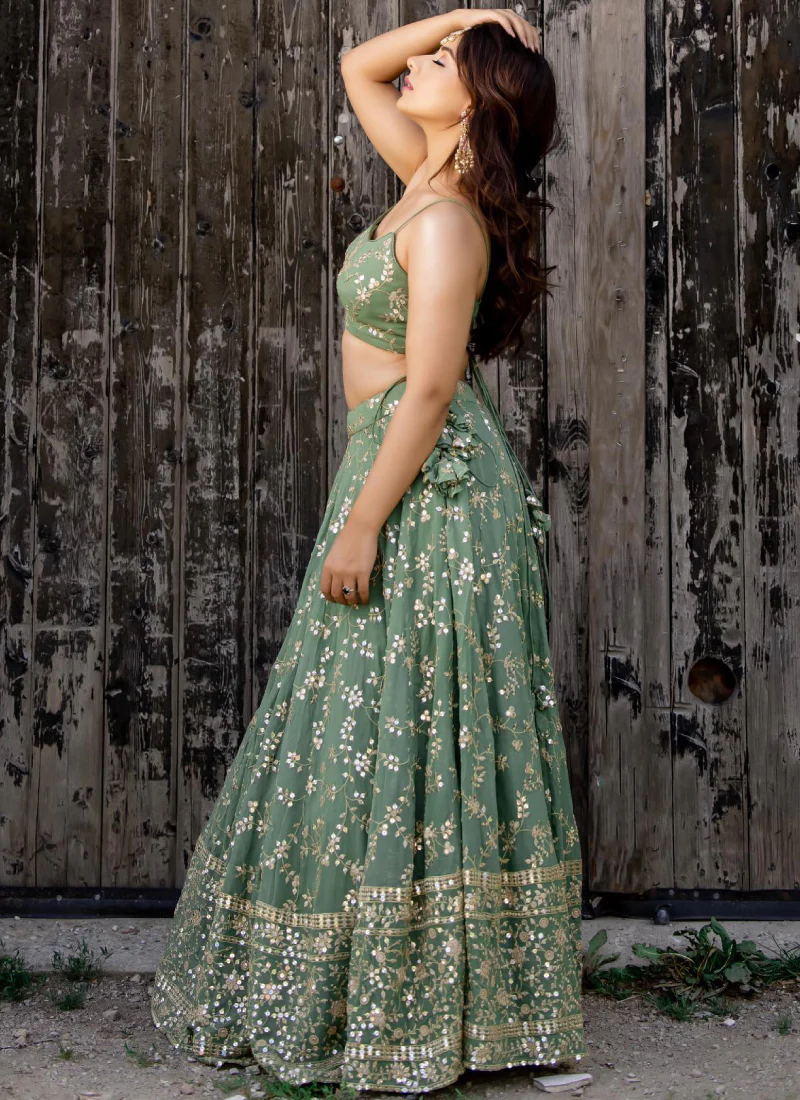 Designer Green Zari Work Georgette Lehenga For Women - Image 4
