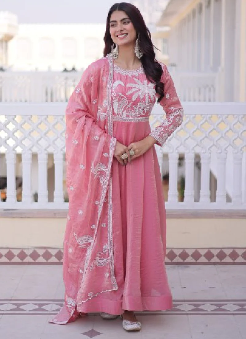 Designer Light Pink Zari Embroidered Fendi Silk Gown With Dupatta Set - Image 4