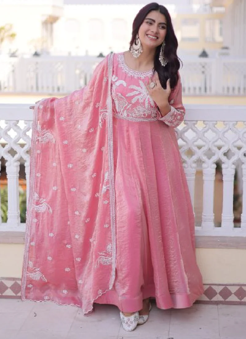 Designer Light Pink Zari Embroidered Fendi Silk Gown With Dupatta Set - Image 5