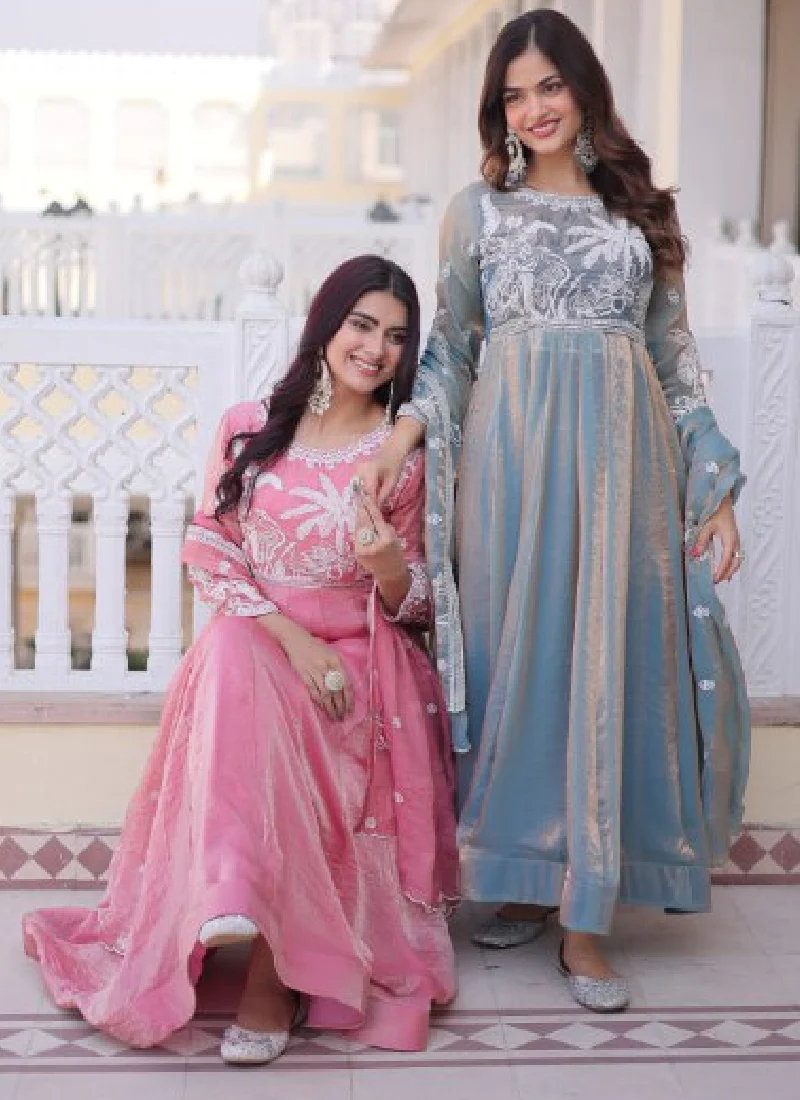 Satin Silk Sequence Embroidered Wedding Wear Sky Blue Anarkali Gown - Image 7