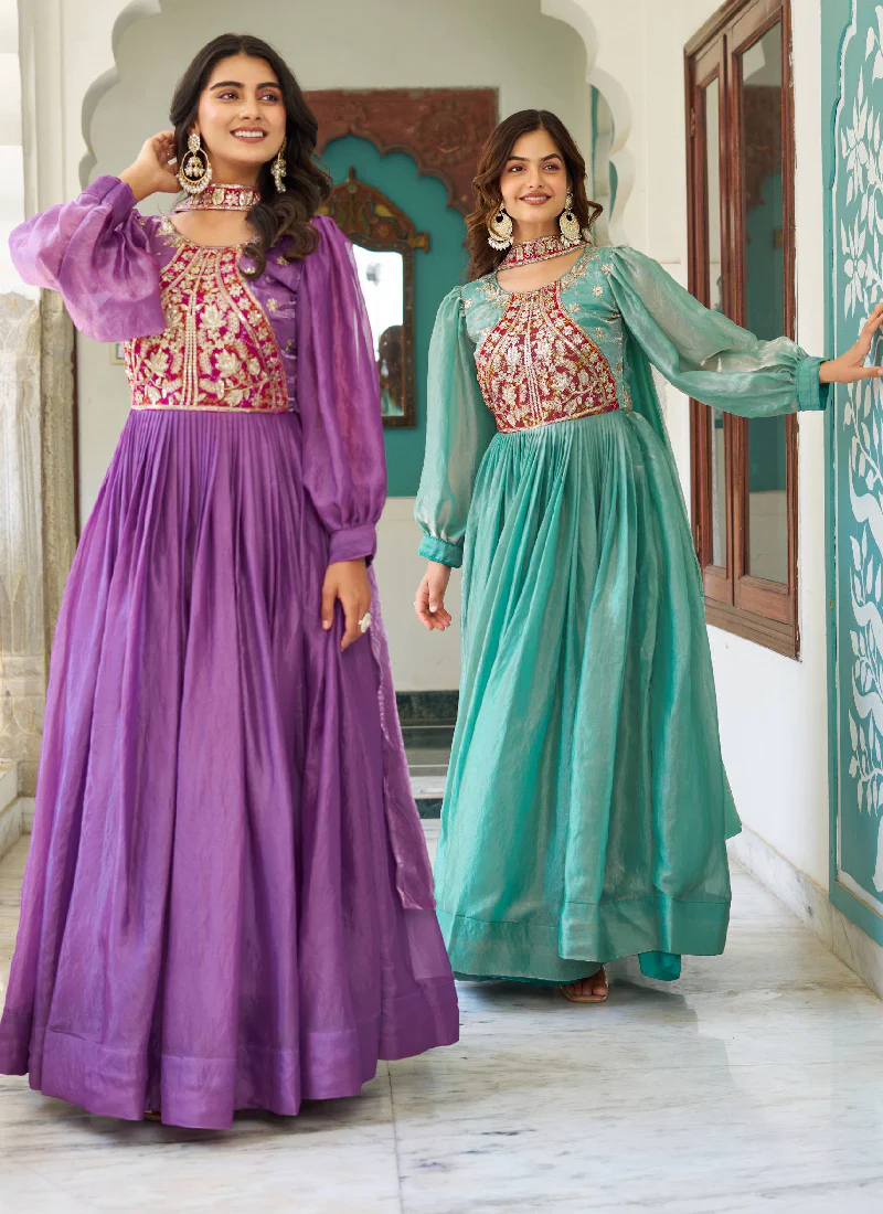 Grateful Occasion Wear Embroidered Green Silk Long Gown With Dupatta - Image 5