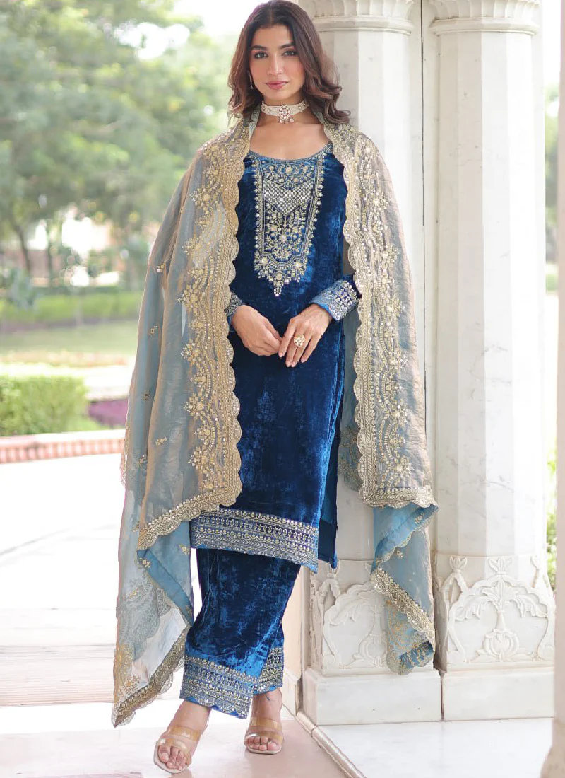 Designer Sequence Embroidered Velvet Blue Pant Kurti With Dupatta Set - Image 11