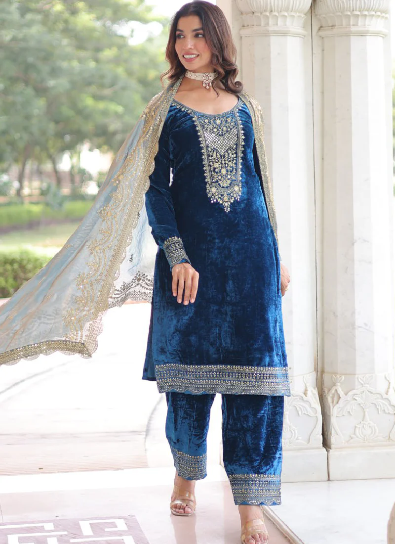 Designer Sequence Embroidered Velvet Blue Pant Kurti With Dupatta Set - Image 5