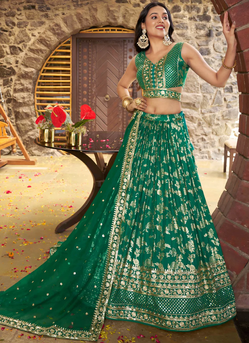 Designer Zari Weaving Embroidered Silk Rama Green Lehenga Choli - Image 4
