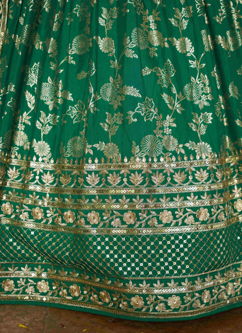 Designer Zari Weaving Embroidered Silk Rama Green Lehenga Choli - Image 7