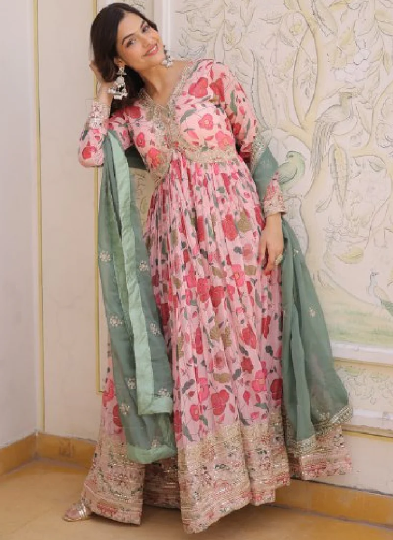 Digital Floral Printed Russian Silk Embroidered Pink Gown With Dupatta - Image 5