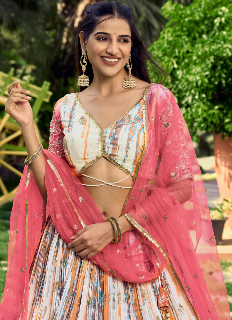 Digital Printed Chinon Silk White And Pink Wedding Wear Lehenga Choli - Image 6
