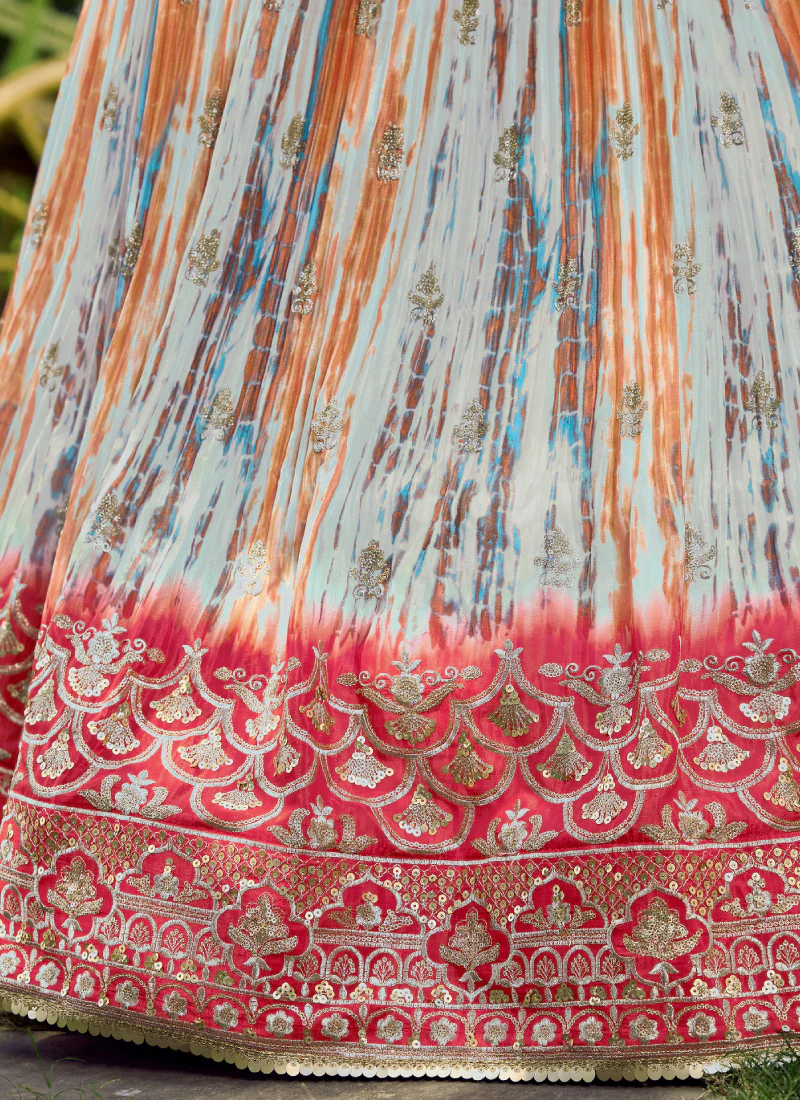 Digital Printed Chinon Silk White And Pink Wedding Wear Lehenga Choli - Image 8