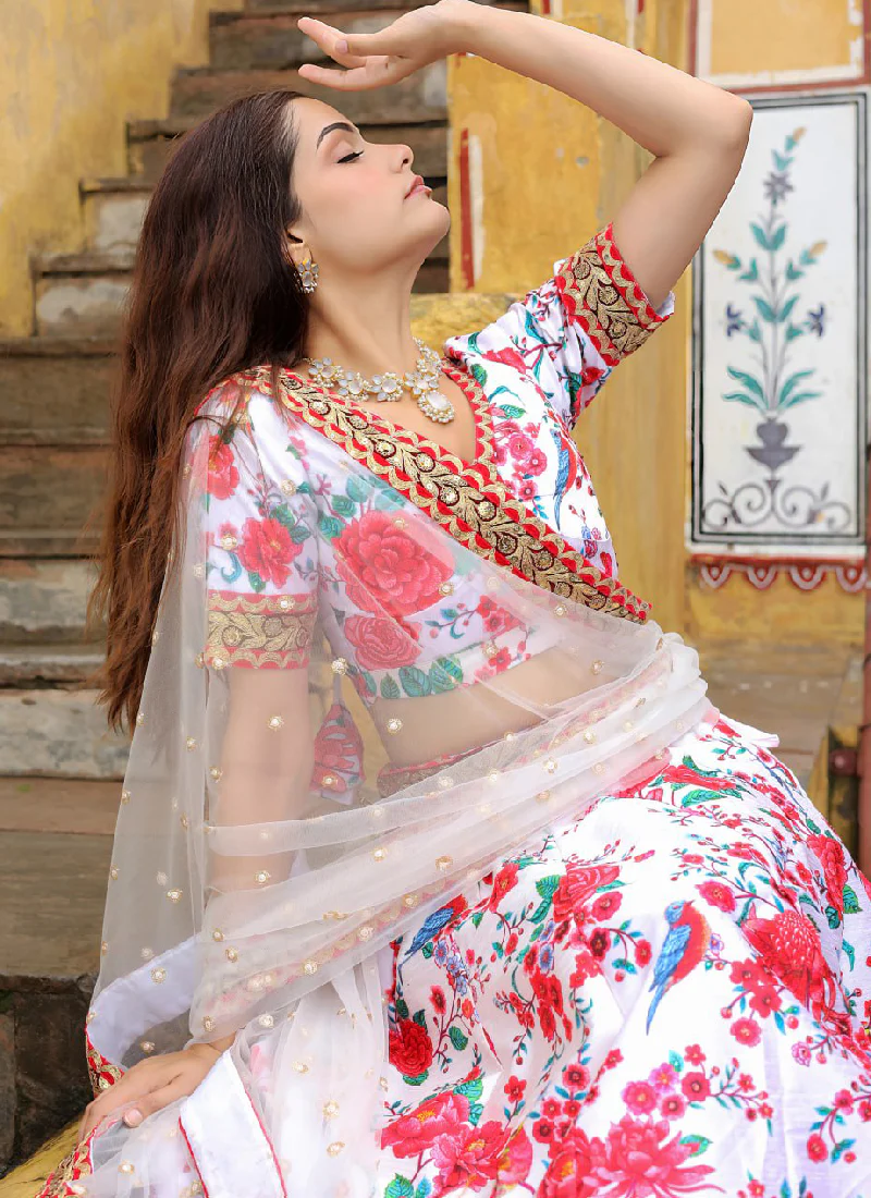Dori Embroidered Digital Floral Printed Art Silk White Lehenga Choli - Image 3