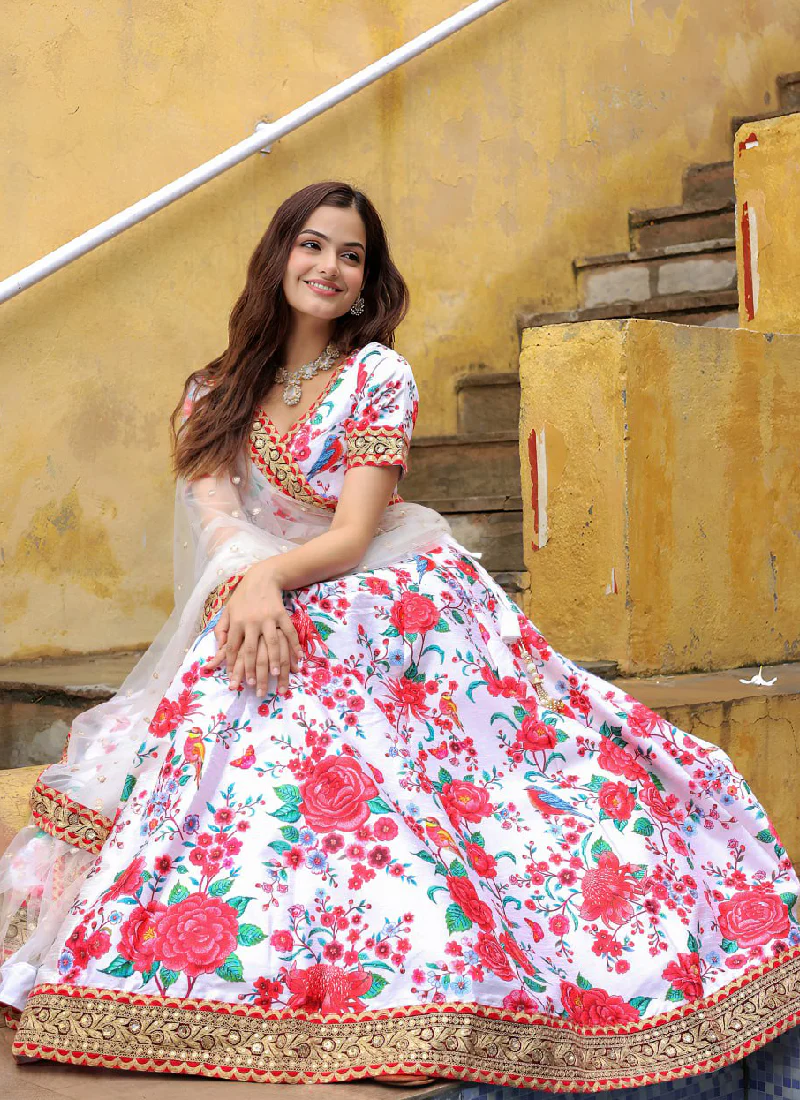 Dori Embroidered Digital Floral Printed Art Silk White Lehenga Choli - Image 5