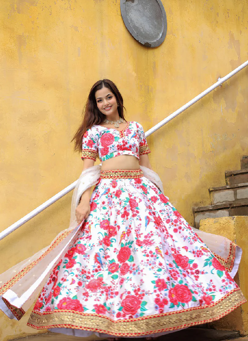 Dori Embroidered Digital Floral Printed Art Silk White Lehenga Choli - Image 6