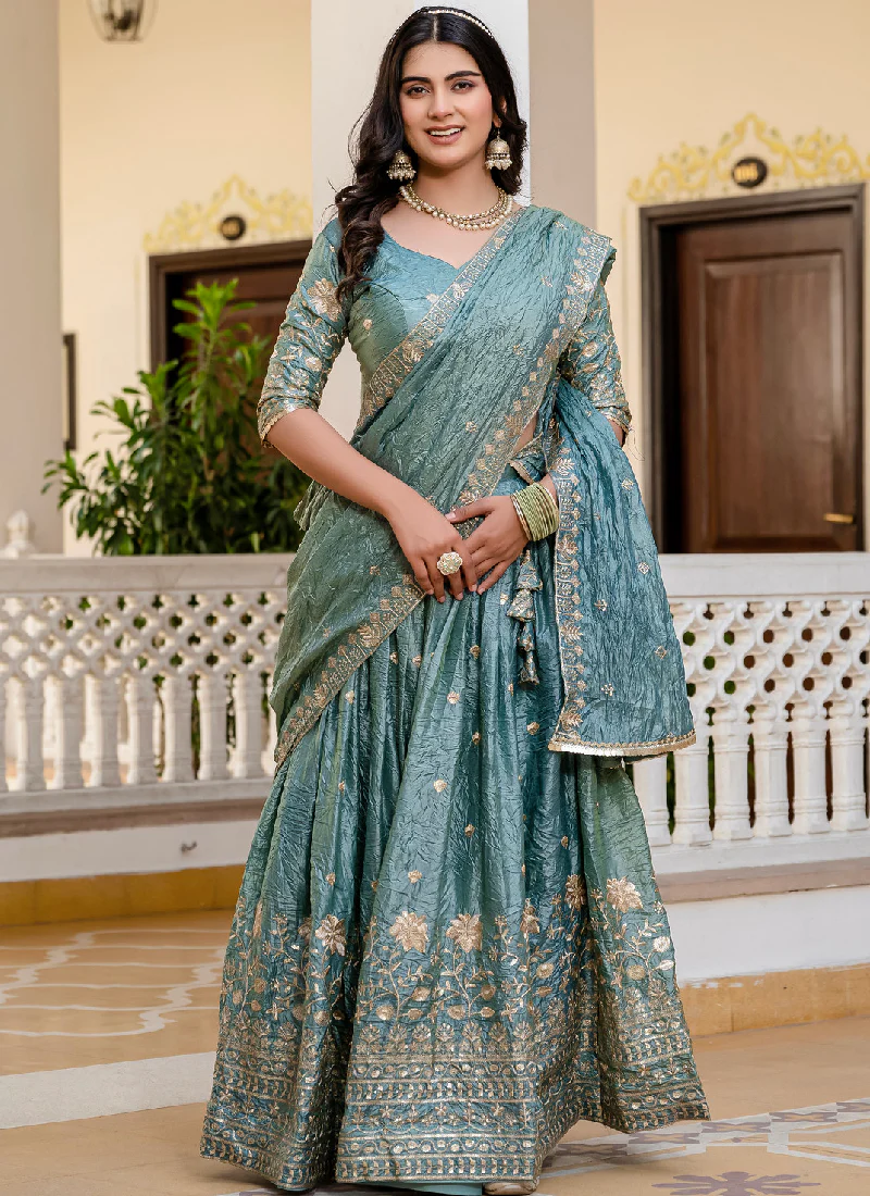 Elegant Sky Blue Gold Crush Zari Embroidered Wedding Lehenga Choli - Image 4