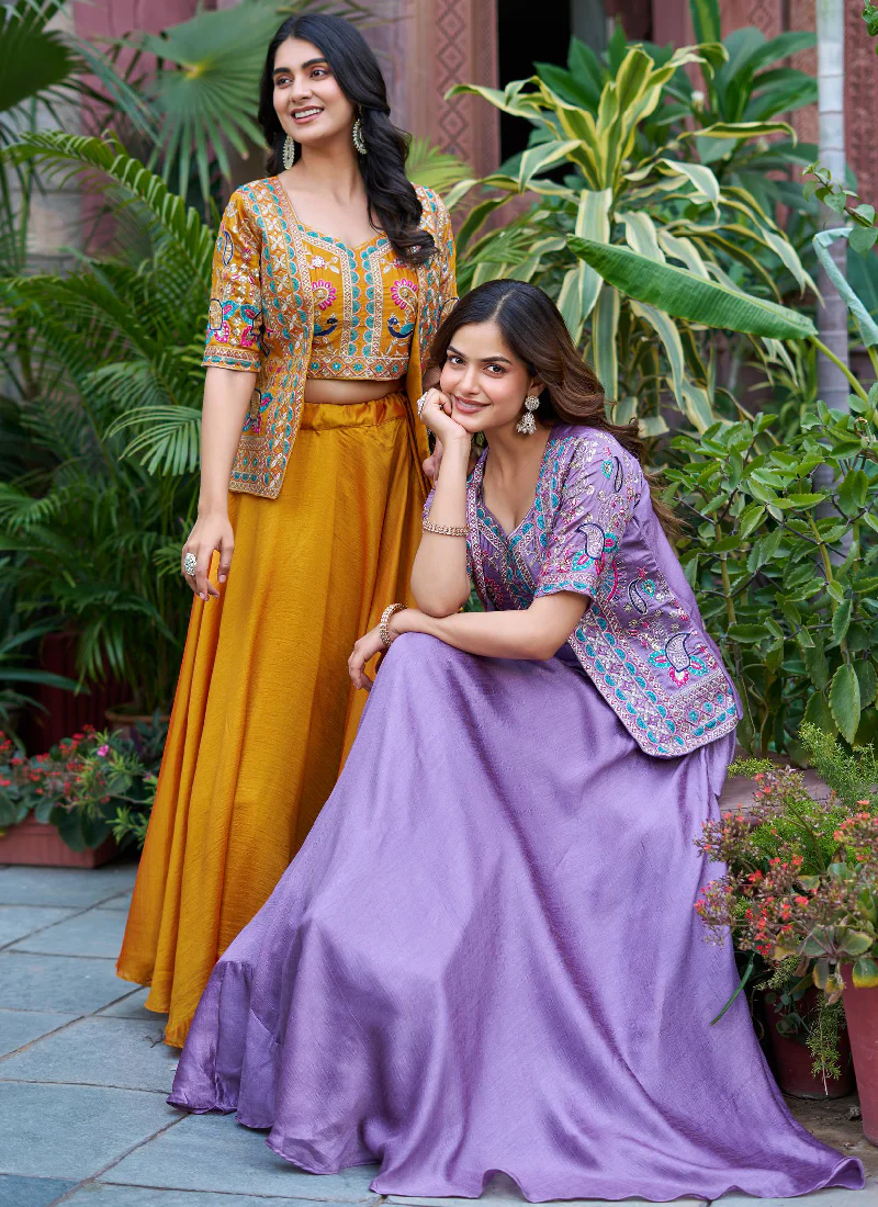 Mustard Yellow Vichitra Silk Plain Lehenga With Embroidered Blouse - Image 9