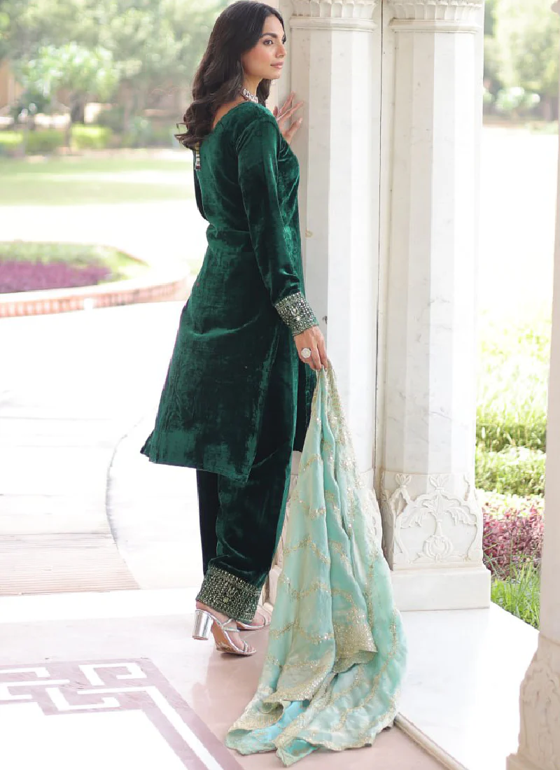 Embroidered Dark Green Velvet Pakistani Salwar Kameez With Dupatta Set - Image 11