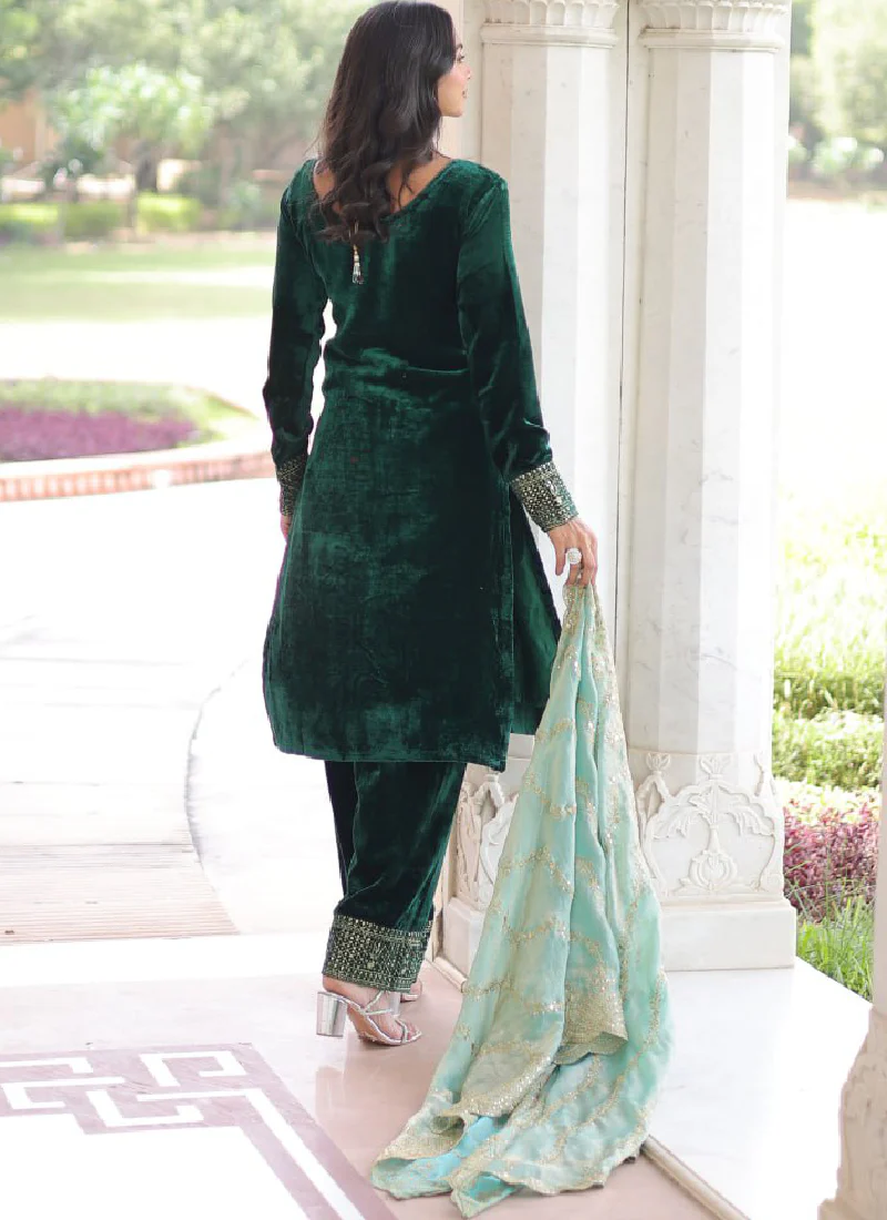 Embroidered Dark Green Velvet Pakistani Salwar Kameez With Dupatta Set - Image 12