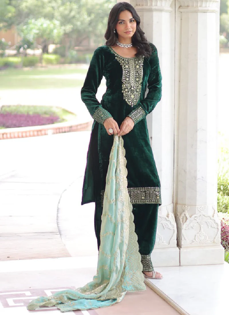 Embroidered Dark Green Velvet Pakistani Salwar Kameez With Dupatta Set - Image 4