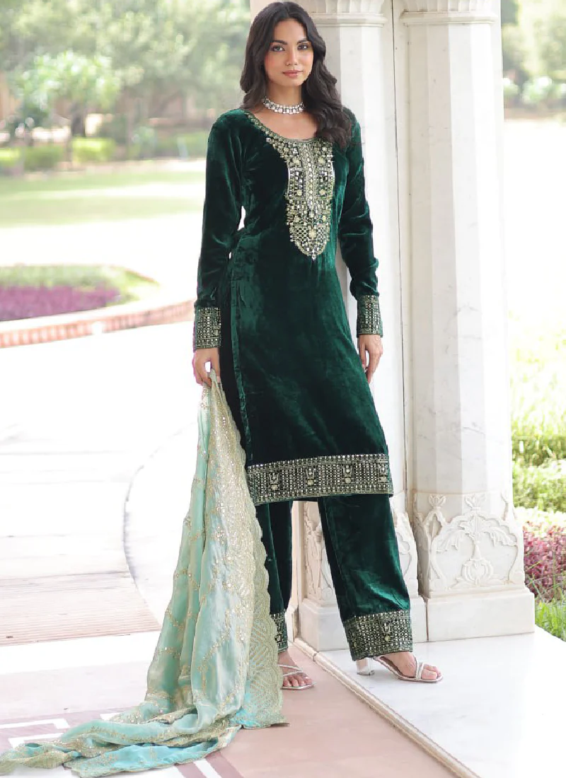 Embroidered Dark Green Velvet Pakistani Salwar Kameez With Dupatta Set - Image 6