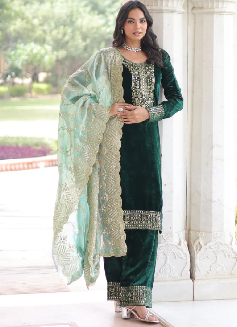 Embroidered Dark Green Velvet Pakistani Salwar Kameez With Dupatta Set - Image 7