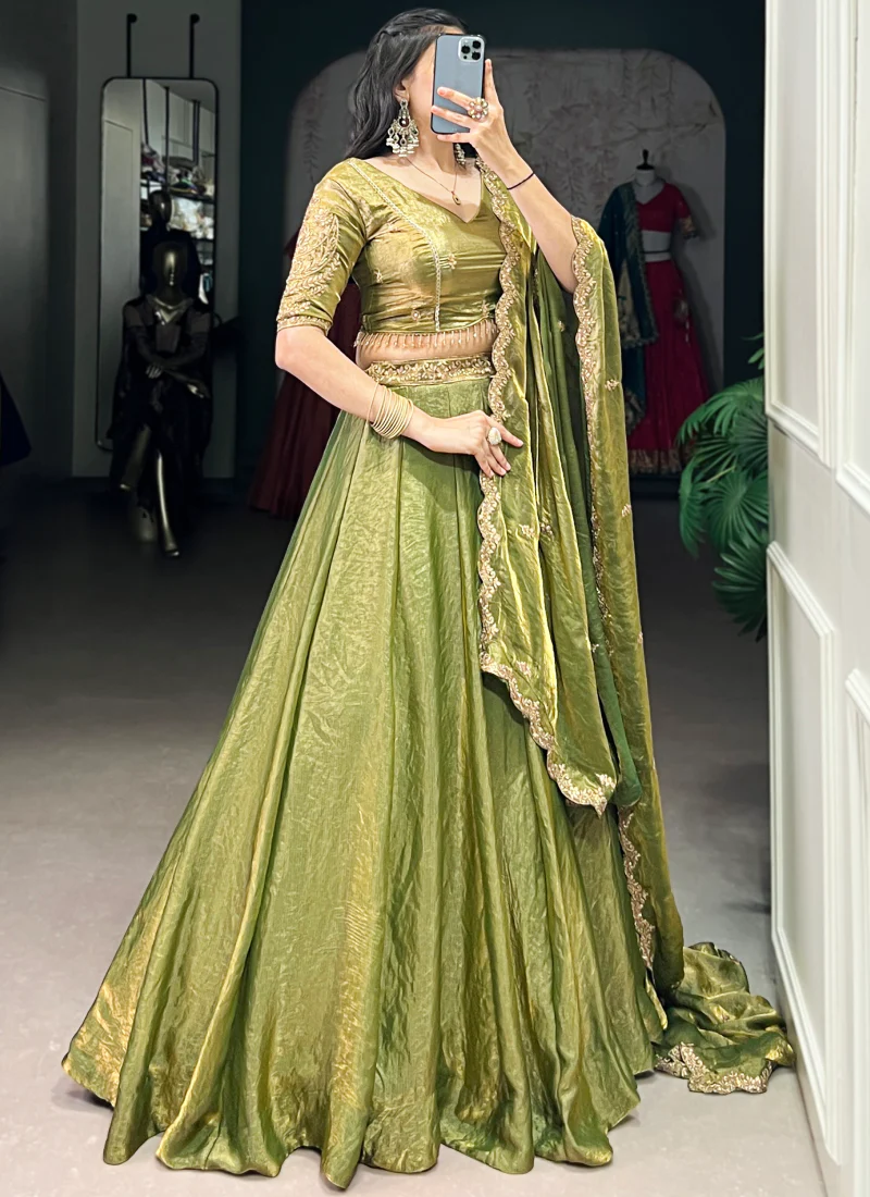 Embroidered Organza Mehendi Green Lehenga Choli For Mhendi Functions - Image 5