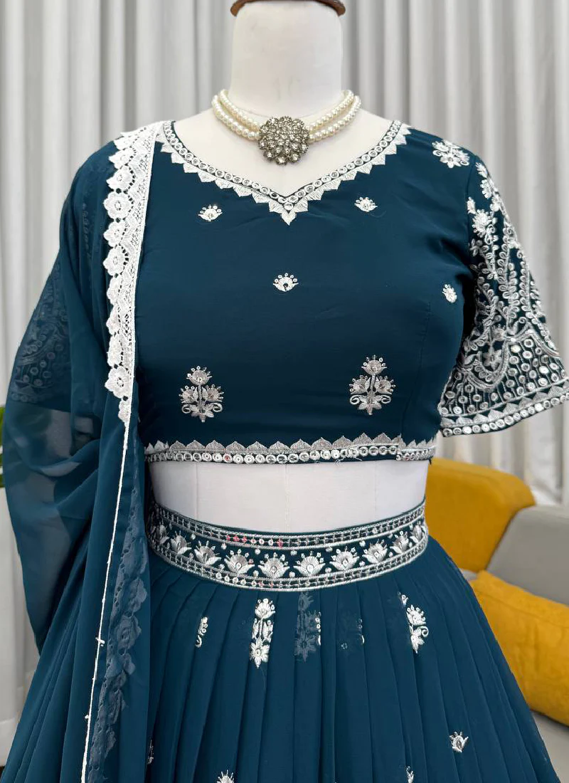Embroidered Teal Blue Georgette Lehenga Choli Set For Women - Image 4