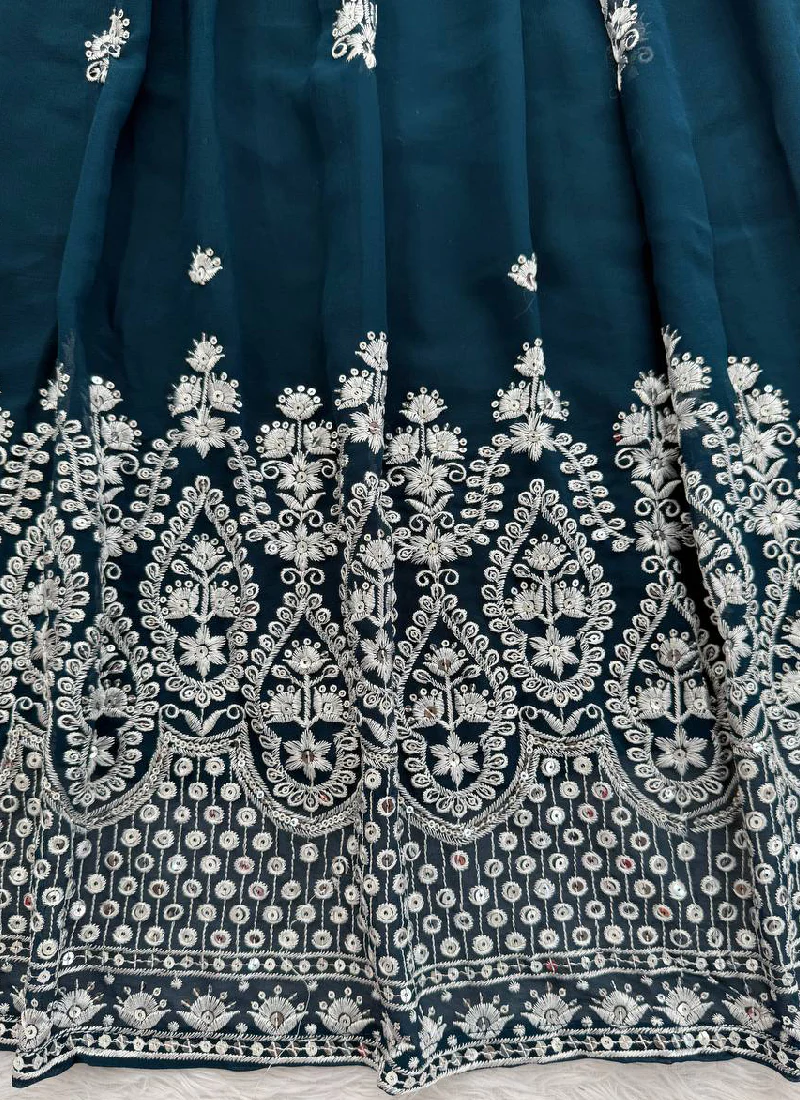 Embroidered Teal Blue Georgette Lehenga Choli Set For Women - Image 5