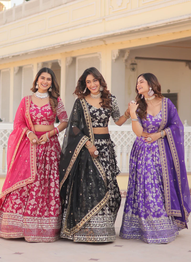 Embroidered Work Floral Viscose Jacquard Wine Lehenga Choli - Image 11