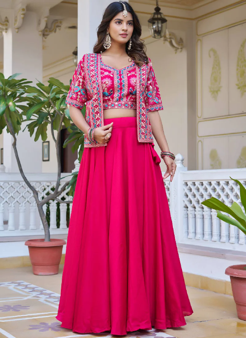 Embroidered Work Vichitra Silk Designer Pink Koti Style Lehenga Choli - Image 3
